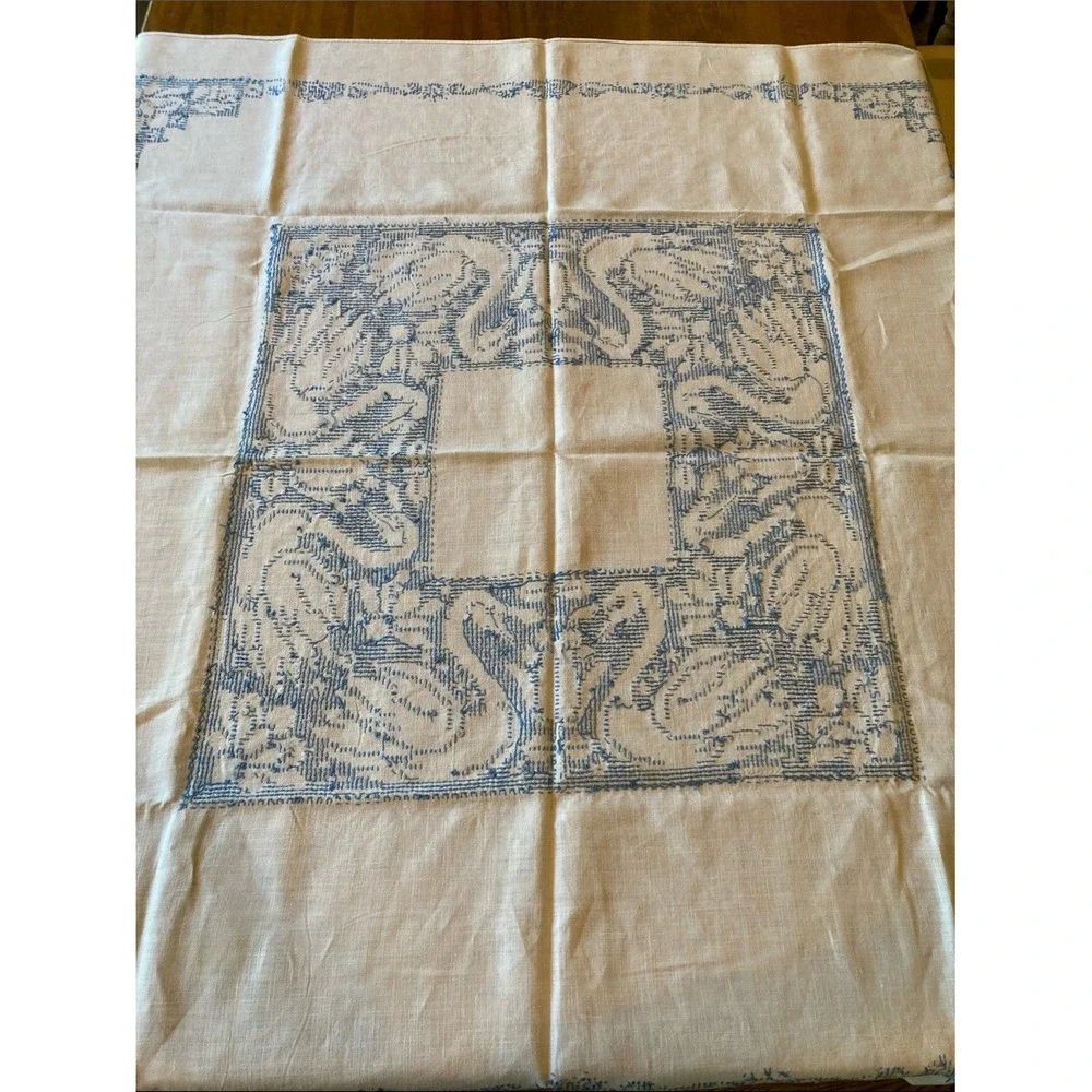 Hand-Embroidered Blue White Assisi-style Cross-stitch‎ Swan Tablecloth 48x50